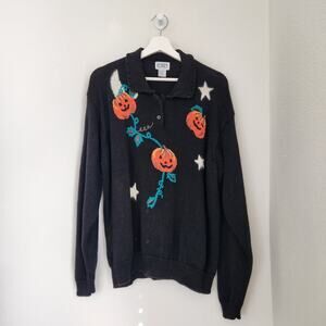 Vintage Halloween Knit Sweater Black Pumpkin Star Pullover 90s Koret 2X
